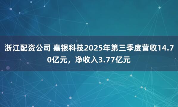 浙江配资公司 嘉银科技2025年第三季度营收14.70亿元，净收入3.77亿元